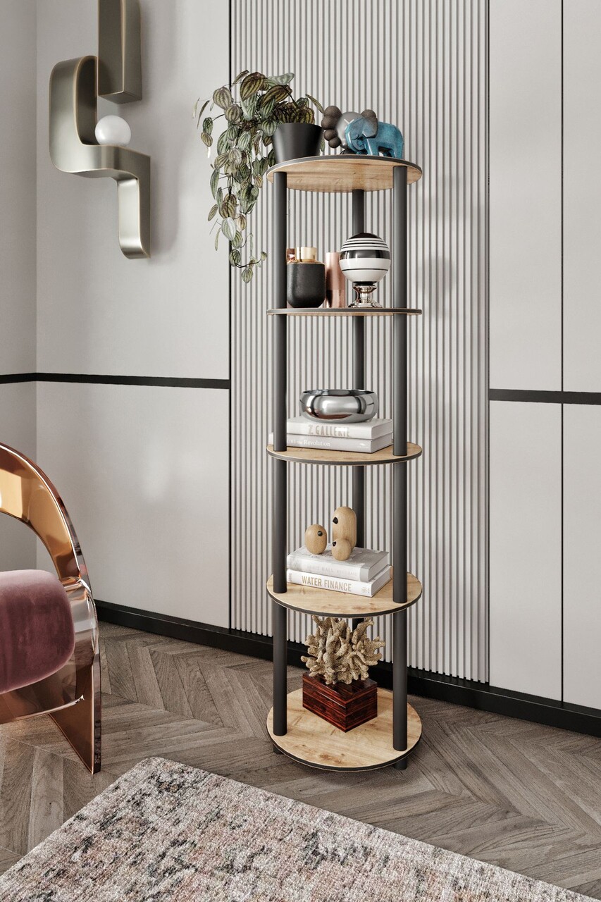 Corp biblioteca, Hanah Home, Bookcase 5 Tiers Round, 34x140x34 cm, MDF , Stejar - imagine 4